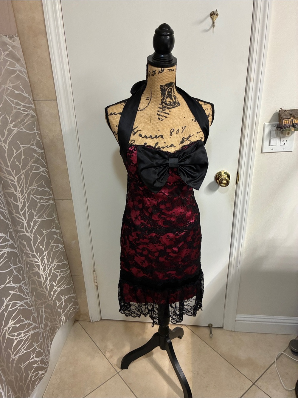 Betsey Johnson Pink and Black Lace Halter Mini Dress with Bow Sz 6